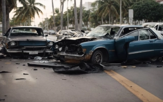 two damaged cars at the scene of an accident on a miami street.