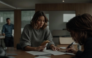 two people are talking across a desk, with one person holding a document while a car model is visible nearby.