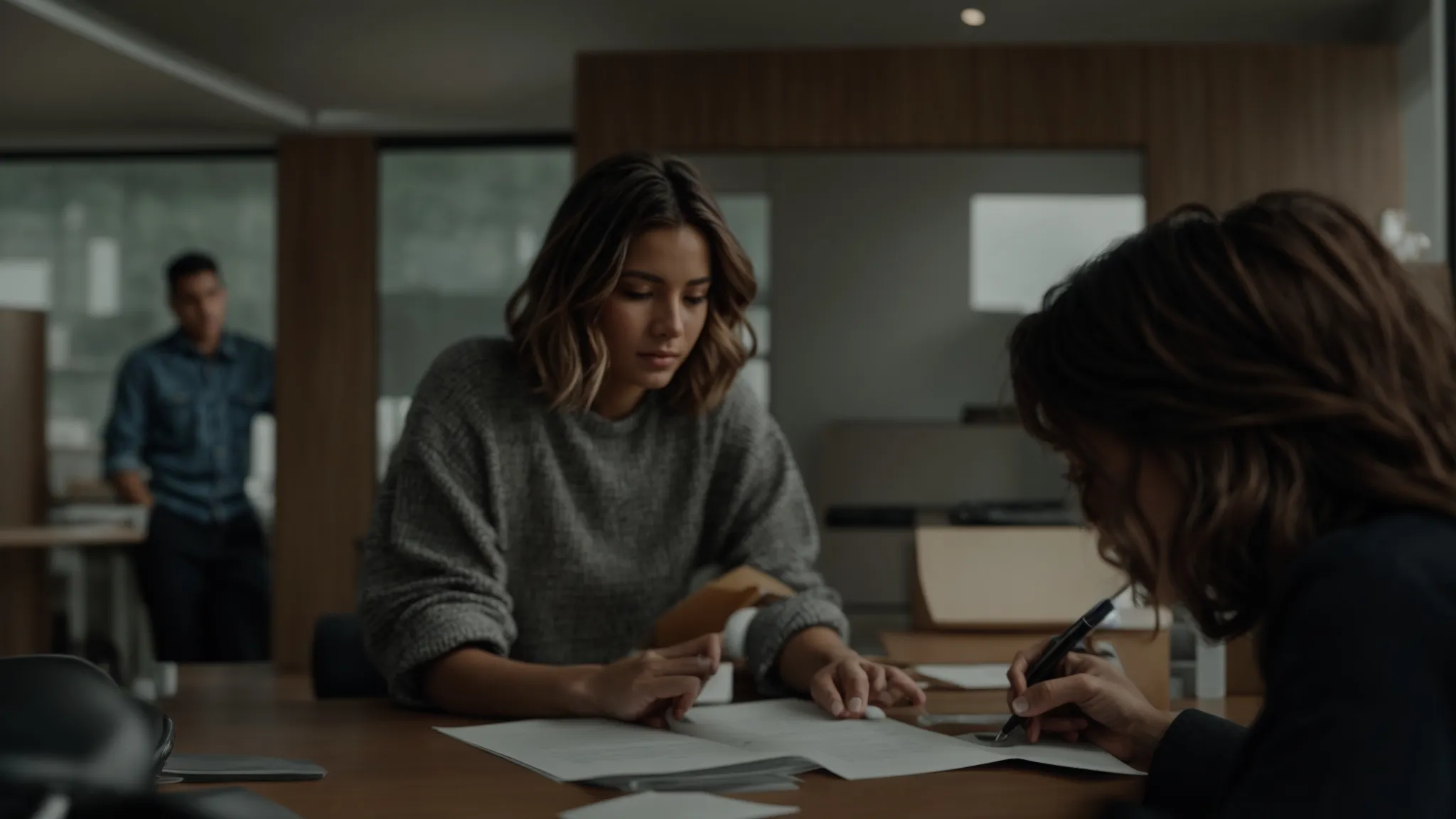 two people are talking across a desk, with one person holding a document while a car model is visible nearby.