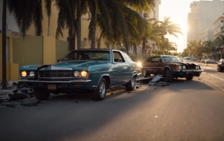 two cars involved in an accident on a sunlit miami street.