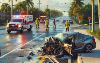 A realistic image of a serious car accident scene in Ellenton Florida featuring a damaged vehicle on the side of the road with visibles kid marks